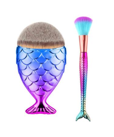 Tvoip 2PCS Fishtail Bottom Brush Powder Blush Makeup Cosmetic Mermaid Brushes Tool Fish Scale Makeup Brush mermaid brush fondation pinceles