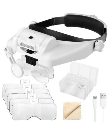 Headband Magnifier with LED Light 1X to 14X, SUNJOYCO Handsfree Head Mount Magnifying Glass Visor Headset Loupe Tools for Professional Jewelry Close Work Sewing Crafts Reading Repair, with 5 Lenses