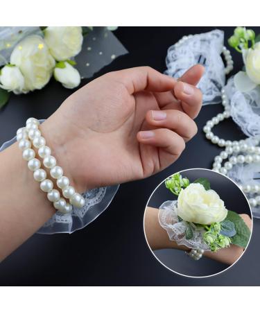 10 Pack Elastic Pearl Wrist Corsage Bands - DIY Wrist Corsages for Bride & Prom - White Lace Accessories - Buy Online on SooperMarket.com