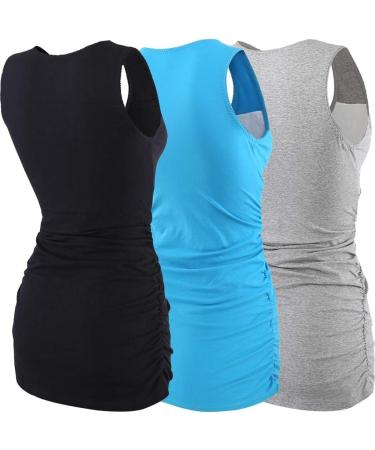 ZUMIY Maternity Nursing Top - Women's Cotton V-Neck Ruched Waist Double Layered Tank - Black/Grey/Lake Blue 3-Pack - Buy Online on SooperMarket.com