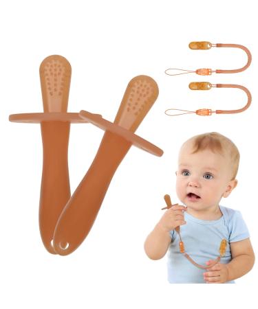 Vicloon 2pcs Teething Toys for Baby Teether Toy Silicone Baby Teether Baby Teething Toy with 2 Anti-Lost Chain Baby Teether Toys Chew Toy Teething Ring for 2 Months Above Boys & Girls (Brown) S-Regular brown