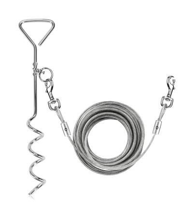 XhuangTech 16.4ft Dog Tie Out Cable with 16 inches Heavy Duty Spiral Ground Stake Spike for Dog Up to 130 lbs for Playing Camping and Backyard in Ground