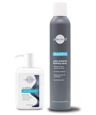 KERACOLOR Kit of 3-in-1 (Cleanse + Conditioner + Color) Silver Blue Semi-Permanent Hair Dye and Finishing Hair Spray 10oz