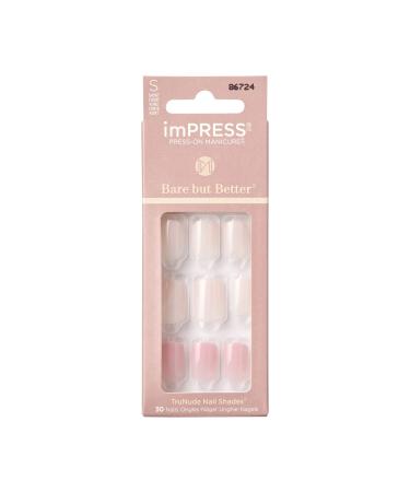 KISS imPRESS Press-On Nails Bare But Better Manicure Set  Nude Glue On Nails  Effortless Finish'  30 Chip-Proof Fake Nails