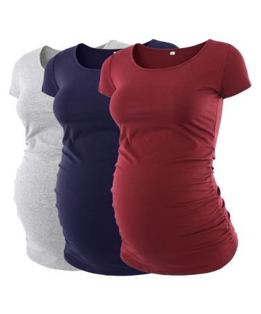 Love2Mi 3PCS Maternity Shirt Short Sleeves Maternity Wear T-Shirt Casual Maternity Tops S Gray + Navy Blue + Wine Red