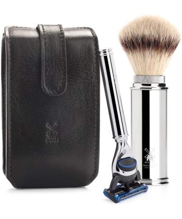 M hle Travel Set - Silvertip Fibre Brush & Gillette-Compatible Razor in Black Leather Case | Premium Shaving Accessories for International Shipping - Buy Online on SooperMarket.com