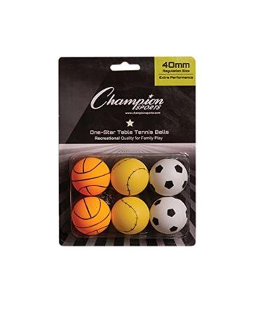 Champion Sports 1 Star Table Tennis Ball Pack - Sport Theme Ping Pong Balls, Set of 6, with 40mm Seamless Design - Recreation Table Tennis Equipment, Accessories