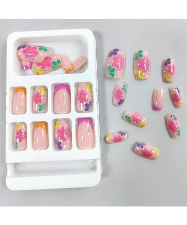 24 Pcs Medium Square French Fake Nails | Acrylic Colorful Flower Designs | Glossy Full Cover False Nails | Manicure Decorations for Women and Girls - Buy Online on SooperMarket.com
