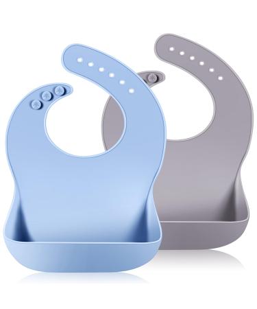Vicloon Silicone Baby Bib 2PCS Baby Weaning Bibs Waterproof Baby Feeding Bibs Adjustable with Wide Food Catcher Pocket Unisex Toddler Bibs (Grey-Blue)