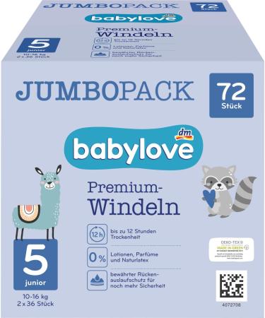 babylove diapers Premium active plus size 5 junior 12-25kg jumbo pack 2x36 pieces 72 pieces size 5 (72 pieces)