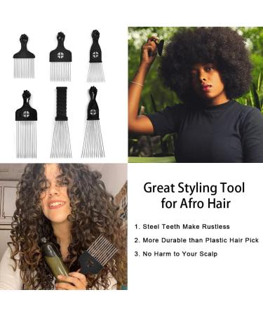 6 Pack Metal Afro Picks for Curly Hair - Hairdressing Tool for Styling Men and Women - Black - Buy Online on SooperMarket.com