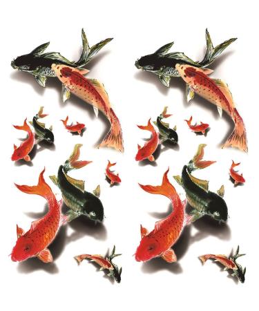 Oottati 2 Sheets Waterproof Arm Hand Temporary Tattoo Stickers 3D Red Black Koi Carp Fish Look Real and Last Long 3D-029