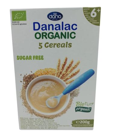 DANALAC Organic Baby Cereal (Five Cereals) 200 Gram Porridge Sugar Free 6 Months Plus | Wheat Corn Rice Rye Barley (Pack of 1) 200 g (Pack of 1)