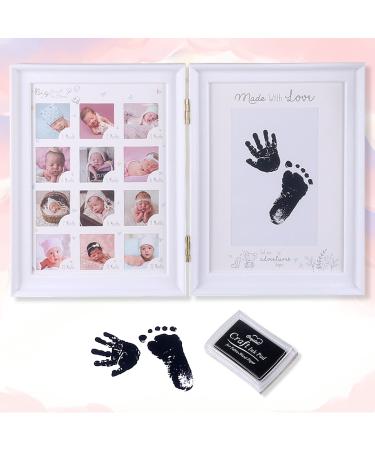 Mikytoper Baby Hand and Footprint Kit Baby Framed Photo Kit Anniversary Growth Record Baby Gifts Reusable Ink Cartridge Photo Frame (Foldable White)