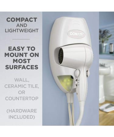 Conair 1600 Watt Wall-Mount Hair Dryer with LED Night Light - White | Compact and Powerful - Buy Online on SooperMarket.com
