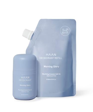 HAAN Natural Deodorant for Women and Men (1.4 Fl. Oz.) + Refill Morning Glory (4 Fl. Oz.) with 24 Hour Odor Protection | Vegan Deodorant Balance Your Skin's | Aluminium Free Paraben Free