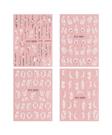 carrub 5D Embossed Flower Nail Art Stickers 4 Sheets Self-Adhesive Decals Floral Design Nail Decoration for Women