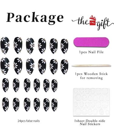 Black Daisy Design Press On Nails - Medium | Full Cover Tips for Women & Girls | Spring/Summer Salon Nail Art - Buy Online on SooperMarket.com