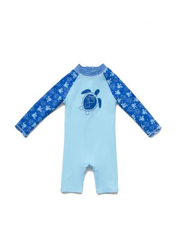 BONVERANO Baby Boys Swimsuit Toddler Bathing Suit Long-Sleeve Zipper One Piece Swimwear with UPF 50+ Sun Protection Sea Turtle 12-18 Months