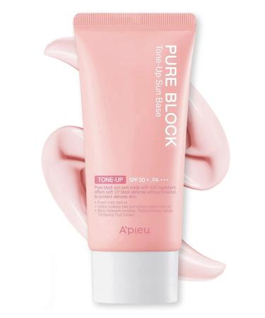 A'PIEU Pure Block Tone Up Sunscreen Base SPF50+/PA+++ 50ml | Tone-Up Reef Safe Korean Sunscreen for Makeup Base Tone-up 1.69 Fl Oz (Pack of 1)