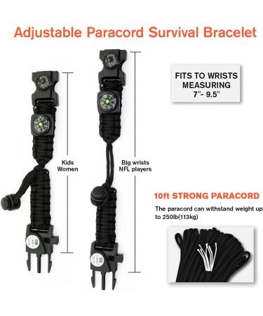 NVioAsport 20-in-1 Survival Paracord Bracelet with SOS LED Light, Fire Starter, Compass, Whistle Ideal for Camping, Hiking, Fishing | Adjustable Gear Kit in Black - Buy Online on SooperMarket.com