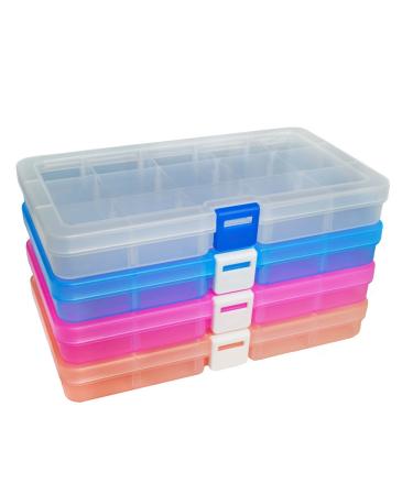 DUOFIRE Plastic Organizer Container Storage Box Adjustable Divider Removable Grid Compartment for Jewelry Beads Earring Container Tool Fishing Hook Small Accessories (15 grids, 4 Colors) 4 Colors 4 pack