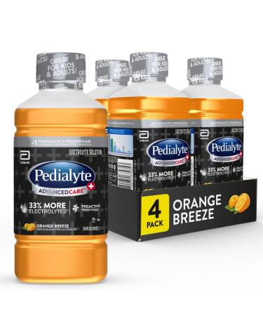 Pedialyte AdvancedCare Plus Electrolyte Drink 1 Liter with 33% More Electrolytes and has PreActiv Prebiotics Orange Breeze 4 Count (Pack of 1)
