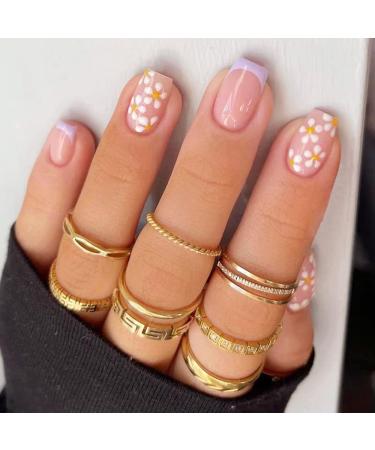 24Pcs Short Flower Press on Nails - French Square False Nails Short with Flower Design/Pink Fake Nails in 12 Sizes Full Cover Artificial Fake Nails Includes Nail Glue for Women and Girls (Flower)