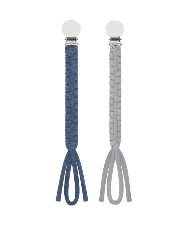 Kowlone pacifier chain cotton young girl dummy clips braided pacifier clips holder for baby shower 2-pack (gray star blue) A: gray star blue