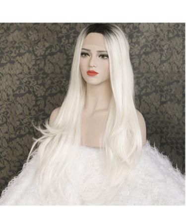 SHIYID Women s White Long Synthetic Lace Front Wig - Natural Straight Wig with Dark Roots & Middle Parting - Buy Online on SooperMarket.com