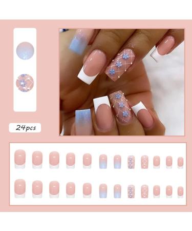 24 Pcs Square Floral Gradient Rhinestone Medium Press on Nails - Elegant Design for Women & Girls - Buy Online on SooperMarket.com