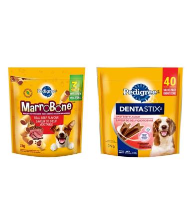 PEDIGREE MARROBONE Adult Dog Treats - Beef Flavour 3kg Pouch + PEDIGREE DENTASTIX Oral Care Adult Dog Treats for Medium Dogs - Beef 40 Sticks