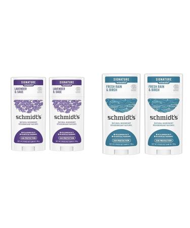 Schmidt's Aluminum Free Natural Deodorant for Women and Men & 100% Natural Origin Ingredient Deodorant Stick Fresh Rain & Birch 2 Count for 24-Hour Odor Protection 2.65 oz