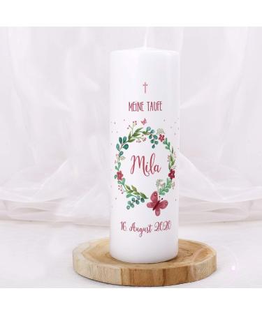 Buy Striefchen Personalized Christening Candle for Girls Flower Wreath & Butterfly Design | Custom Name Baptism Date & Saying 8x25 cm - Buy Online on SooperMarket.com