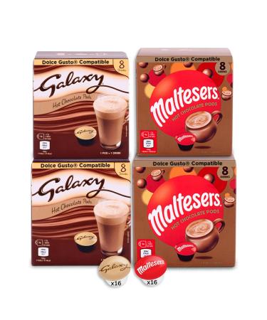 Galaxy & Maltesers Double Pack Hot Chocolate - Double Box Variety Pack - 16 Pods of Each Flavour 32 Capsules - Dolce Gusto Compatible Pods Chocolate 122.5 g (Pack of 4)