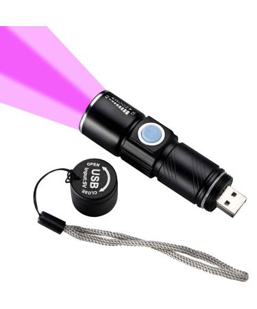 ADQOO UV Torch Rechargeable Blacklight Flashlight LED Mini Ultraviolet Torches USB Black Light Zoomable 395nm Detector for Dog Cat Pet Urine Stain Bed Bugs and More