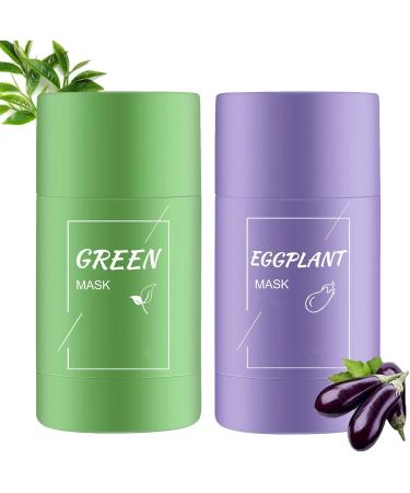 2PCs Green Mask Clay Stick green tea Purifying Clay Green Mask Oil Control Anti-Akne-Abergine firmly fine moisturized and checked the oil acne clearing blackhead remover (green tea + aubergine)