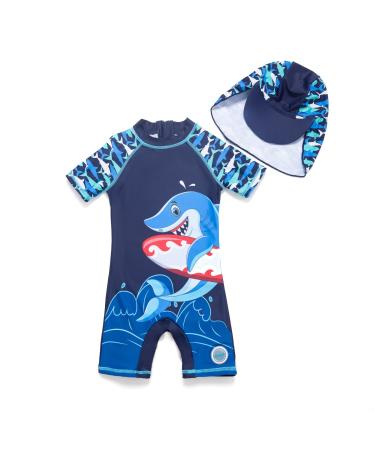 BONVERANO Baby Boys Swimsuit Toddler Bathing Suit Short-Sleeve Zipper One Piece Swimwear with UPF 50+ Sun Protection 6-9 Months Surf Shark