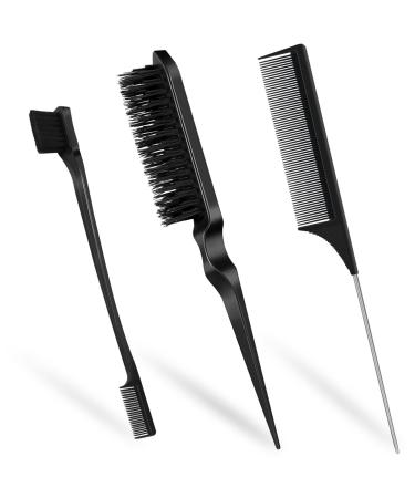 Qufiiry 3Pcs Slick Back Hair Brush Set Double-Sided Edge Brush Hard Bristle Brush and Rat Tail Hair Comb Teasing Hair Edge Brushing Slicking Hair for Women Men Kids Black