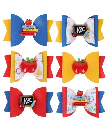 Whaline 6Pcs Back to School Bow Hair Clips Apple Book Blackboard Hair Bow Barrette Colorful Pu Leather Hairgrips for First Day of School Classroom Girls Students Hair Accessories Kindergarten