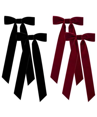 Velvet Bow Hair Clip 4PCS Red and Black Hair Bow Vintage Satin Bowknot Hairpins with Long Ribbon Party Bow Hair Barrettes Hair Accessories for Women Girls Gifts