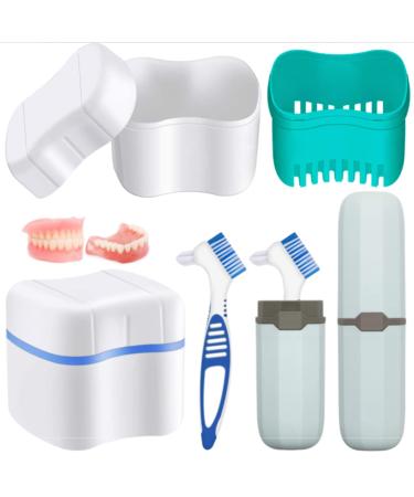 Hioph Denture Case Kit 2 Denture Bath Cups 2 Denture Cleaner Brushes 2 Portable Toothbrush Box Strainer Basket Retainers Denture Care Bath Box for Dentures Braces Mouth Guard or Traveling Green 6 Piece Set
