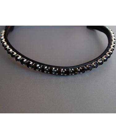 Happiness hinge headring horse swing 'Black beauty' with large glitter stones in matt black hand -sewn (pony leather color dark brown) pony leather color dark brown