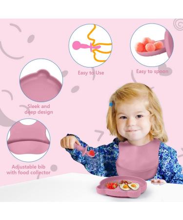 Vicloon Baby Weaning Set - 4 Pcs Silicone Feeding Set | BPA Free Suction Plate, Bib, Spoon & Fork | Toddlers & Kids Plates | Pink Bear Design - Buy Online on SooperMarket.com
