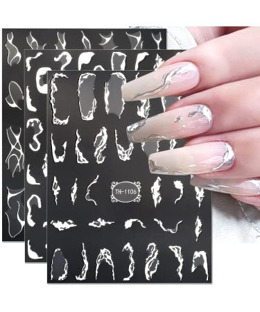6 Sheets Metallic Silver Lines Nail Stickers 3D Wave Lines Nail Art Stickers Irregular French Line Marble Nail Decals Metal Strip Silver Nail Sticker Adhesive Stickers for Nails DIY Nail Supplies