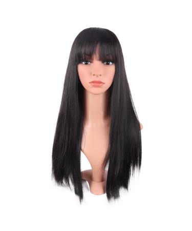 MapofBeauty 22 Inch/56 cm Women Long Straight with Flat Bangs Synthetic Hair Heat Resistant Fiber Hair for Party Cosplay Wig (Black)