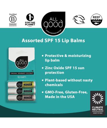 All Good SPF 15 Lip Balm - Calendula Olive Oil Beeswax Vitamin E - 6-Pack (Original/Spearmint/Coconut) - Buy Online on SooperMarket.com