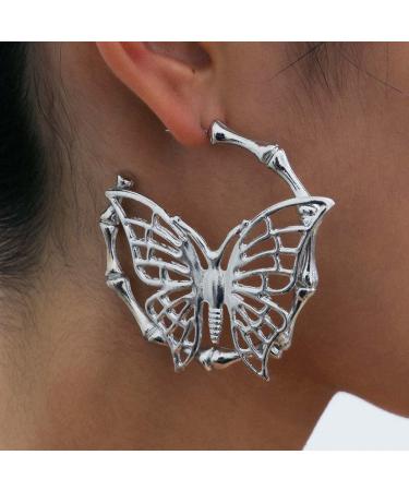Butterfly Dangle Earrings Silver Circle DOP Earrings Chunky Statement Ear Jewelry for Women and Girls (Style B)
