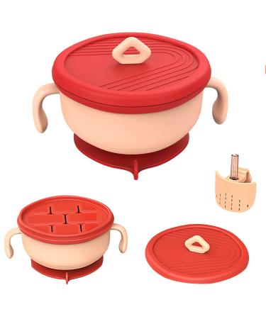 EasyRuir 3 in 1 Baby Bowl First Stage with Lid  Straw  Snack Insert Suction Toddler Bowl - BPA Free Self-Feeding Training Toddler Utensils (Pink)