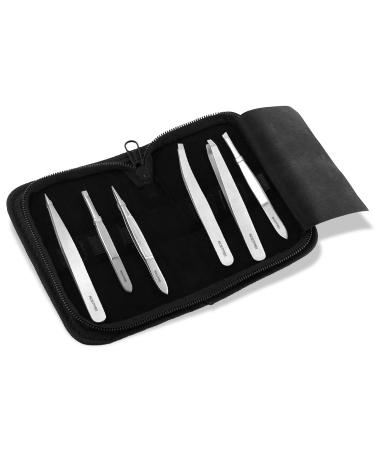Professional Eyebrow Tweezers Set Slanted Pointed Straight with Case